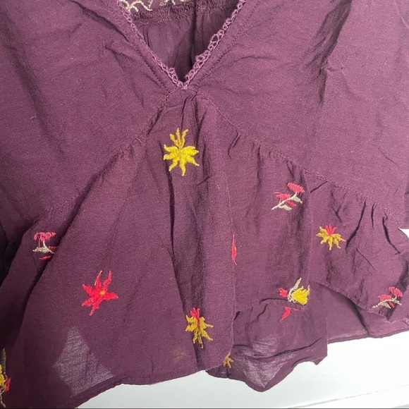 Free People Ava Embroidered Floral Burgundy Peasant Crop Long Sleeve Blouse S - Picture 6 of 13